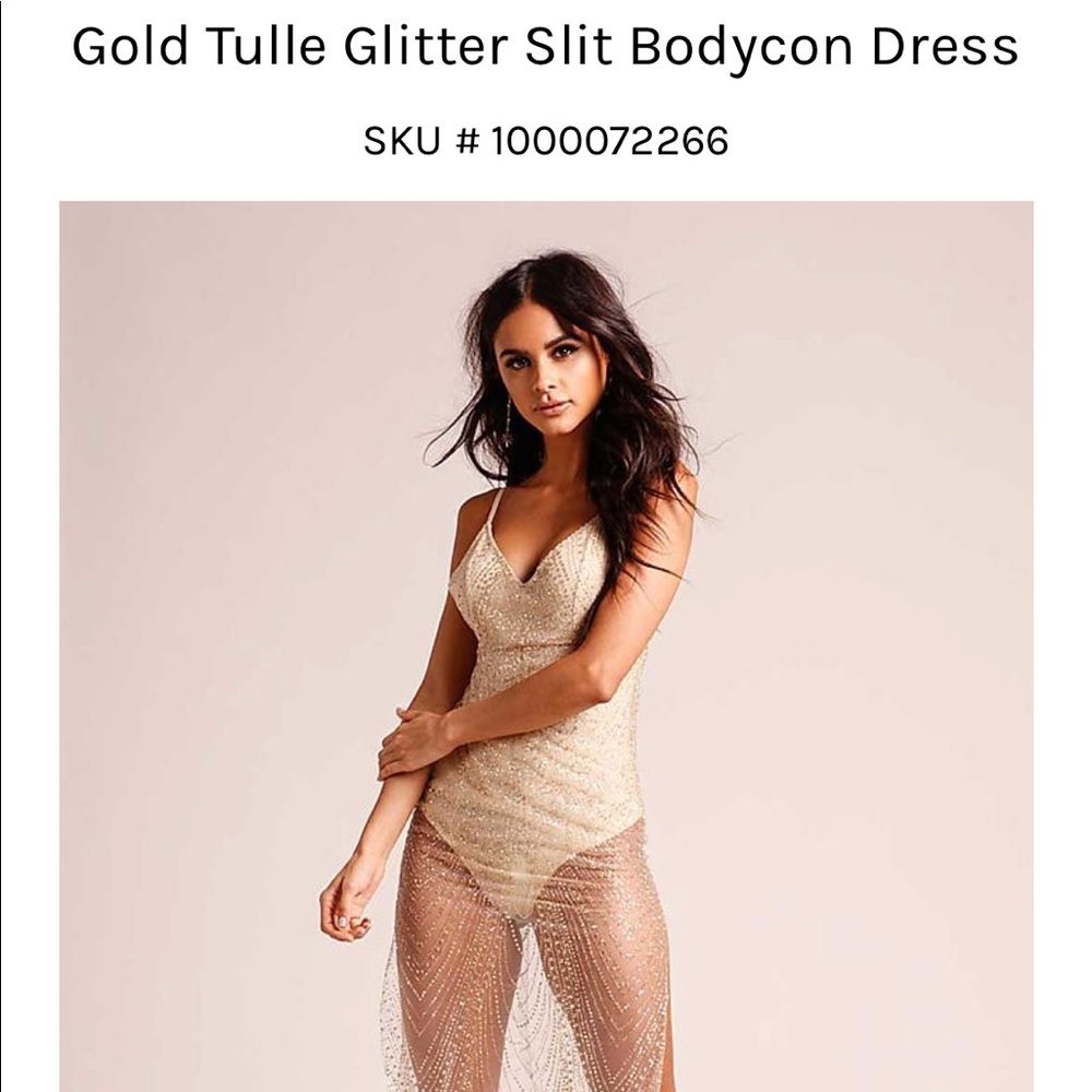 Gold Tulle Glitter Slit Bodycon Dress